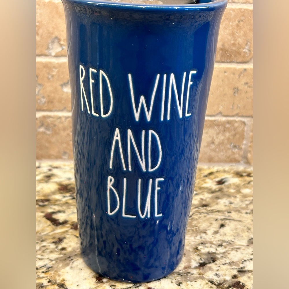 New Rae Dunn RED WINE AND BLUE Travel Mug - Picture 1 of 6